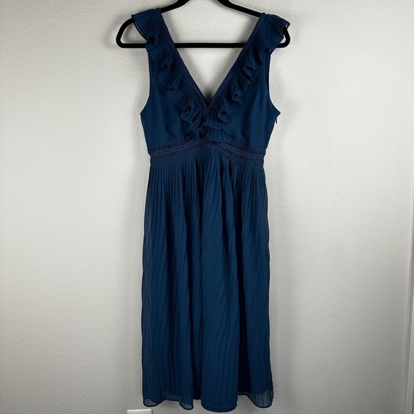 Anthropologie PS Petite Small Pleated Isere Ruffled Blue V-Neck Dress Lucy Paris - Picture 2 of 5